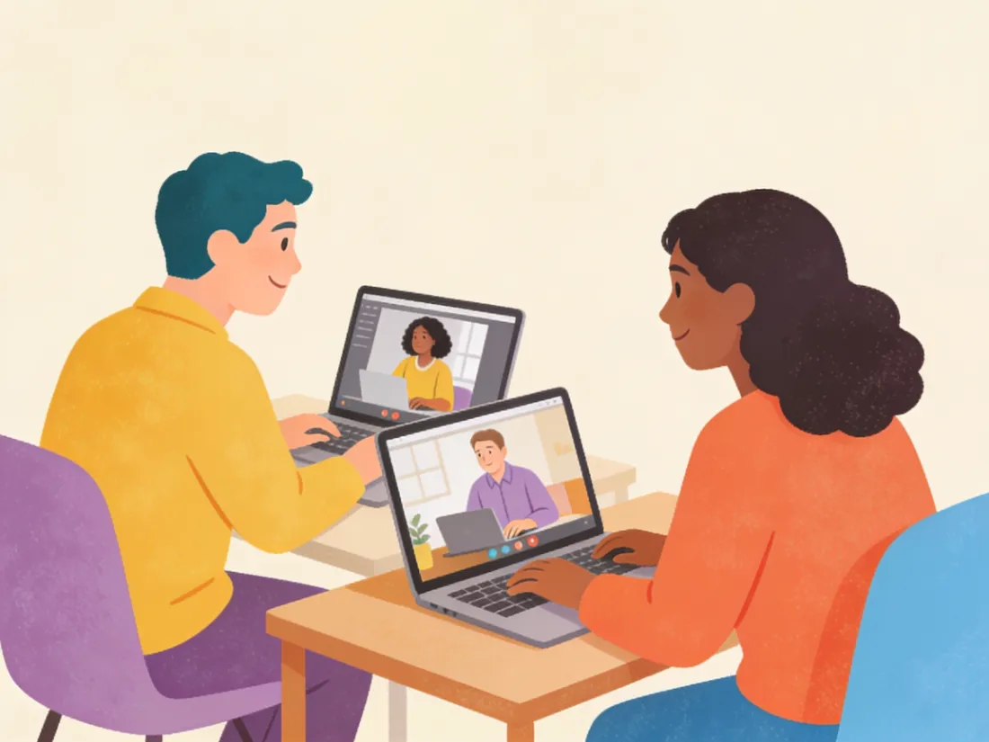 A person working at home on a video call with a friend who is also working.