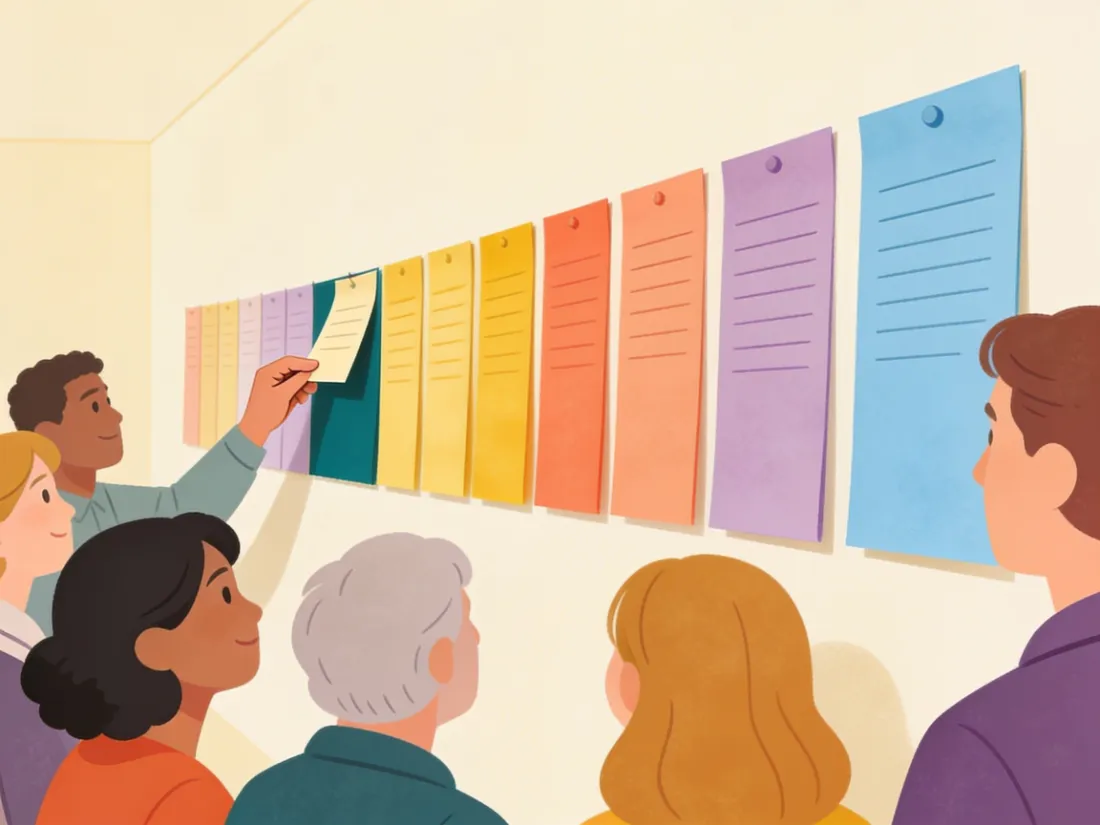A hand placing an index card in a neat row of colorful cards on a wall.