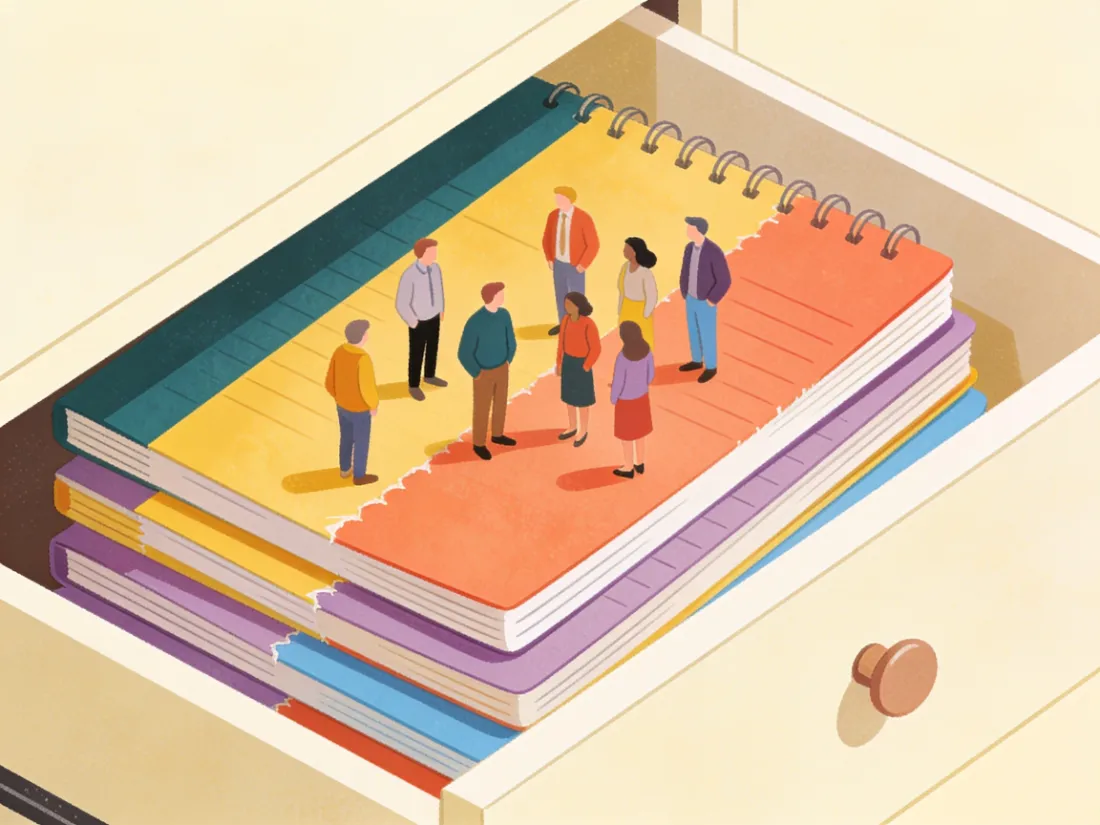 A drawer holding a stack of several half-used colorful planners.