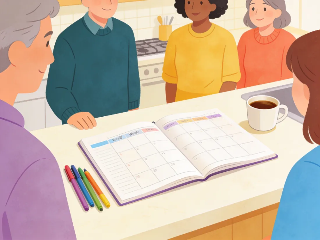 An open weekly planner next to a morning cup of coffee and colored pens.