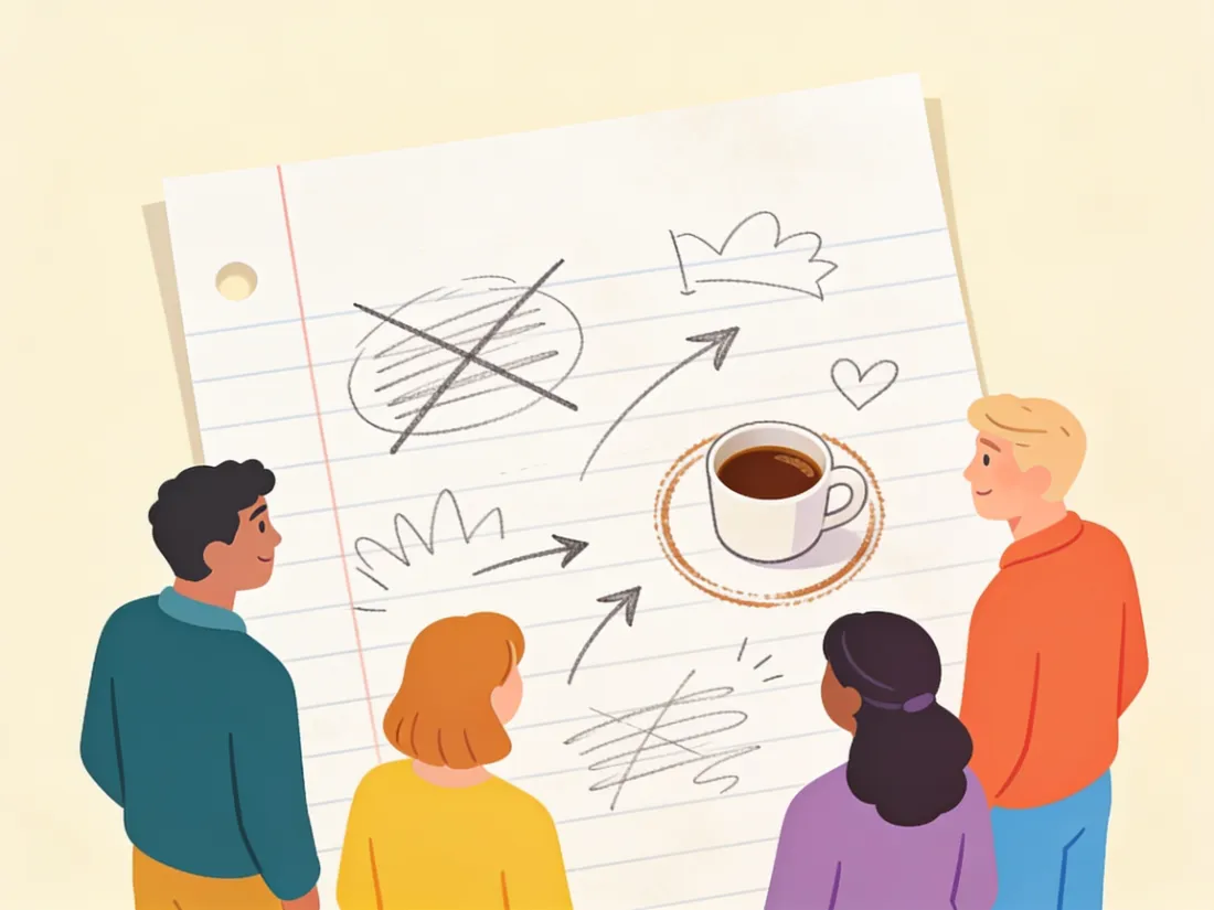 A messy first draft page with doodles and arrows next to a coffee ring.