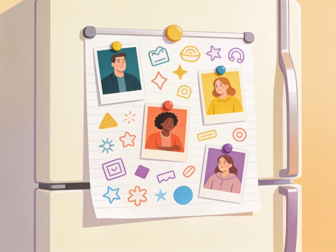A small whiteboard on a fridge with colorful doodle icons.
