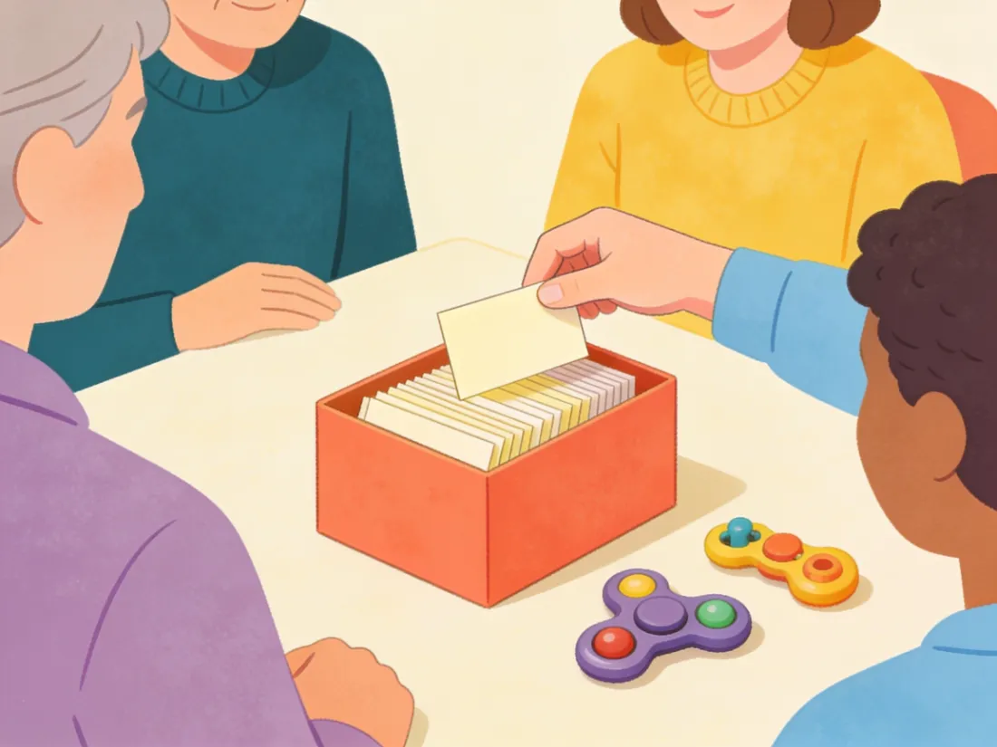 A hand pulling an index card from a box next to a few fidget toys.