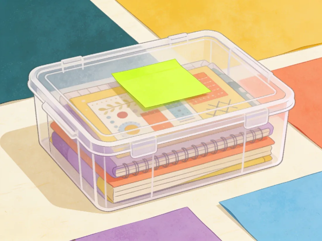 A clear storage bin holding a project, with a sticky note on the lid.