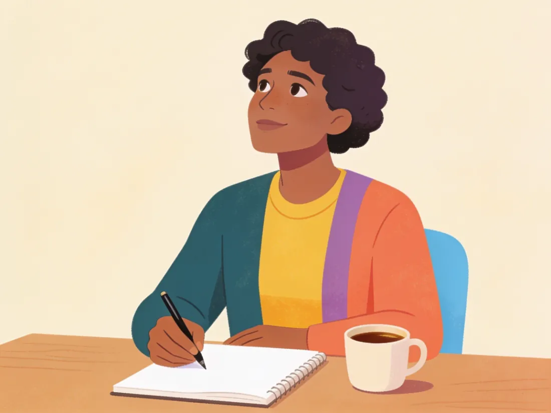 A person at a desk looking at a blank notebook with a pen in hand.