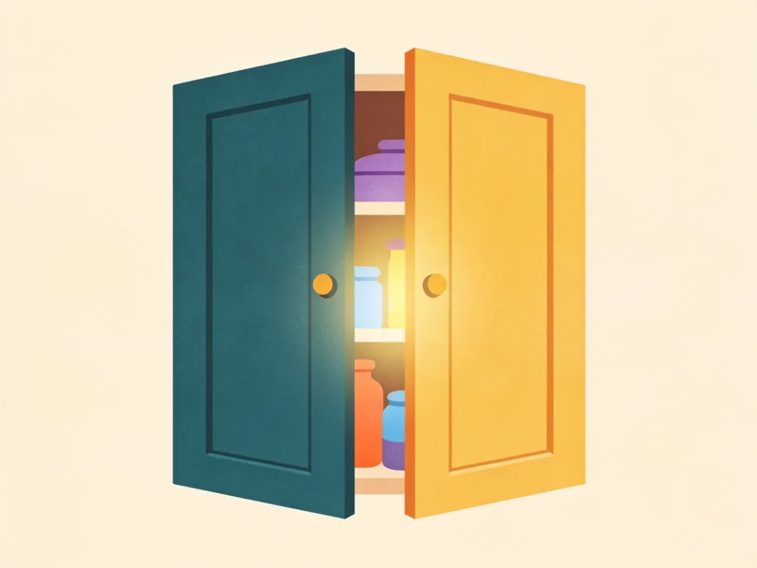 A closed cabinet hiding forgotten items, showing how out of sight means out of mind.