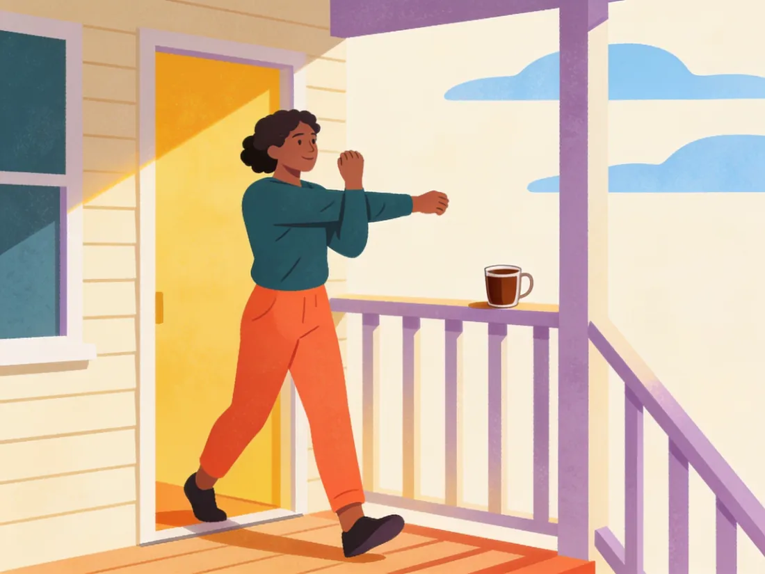A person stretching on a sunny porch during a short break.