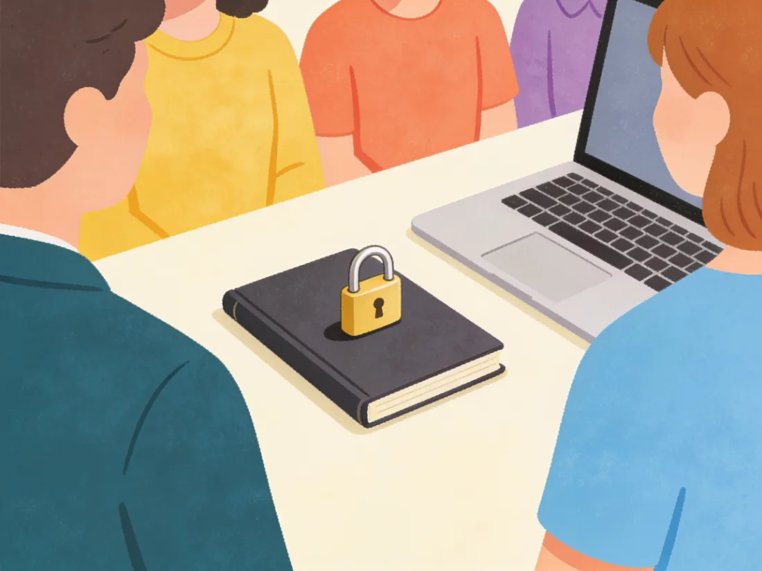A small padlock resting on a notebook next to a laptop.