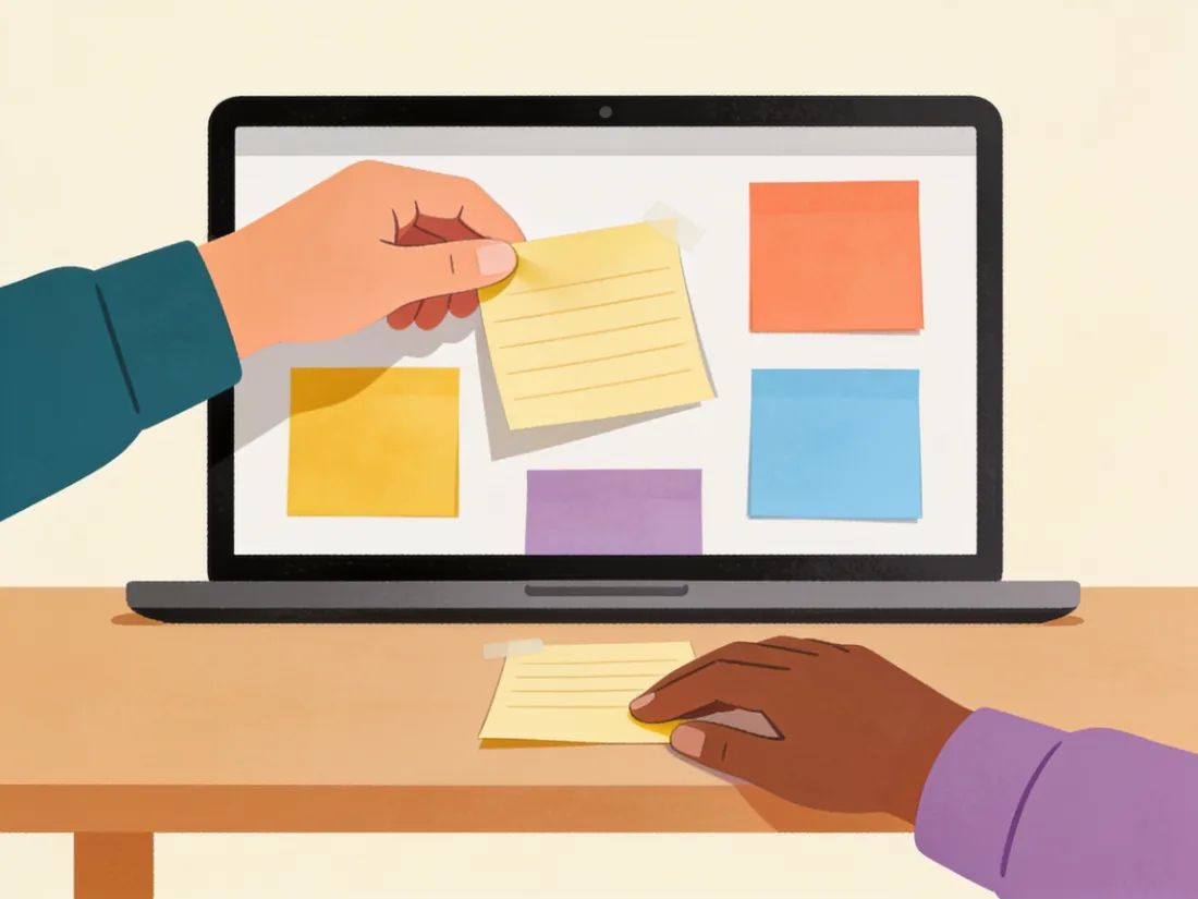 A sticky note being moved from a laptop screen onto the desk.