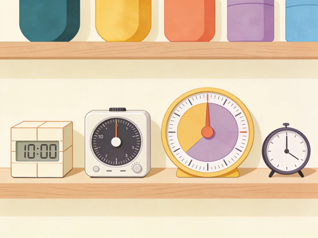 A row of different timers on a shelf, including a cube timer and a visual timer.